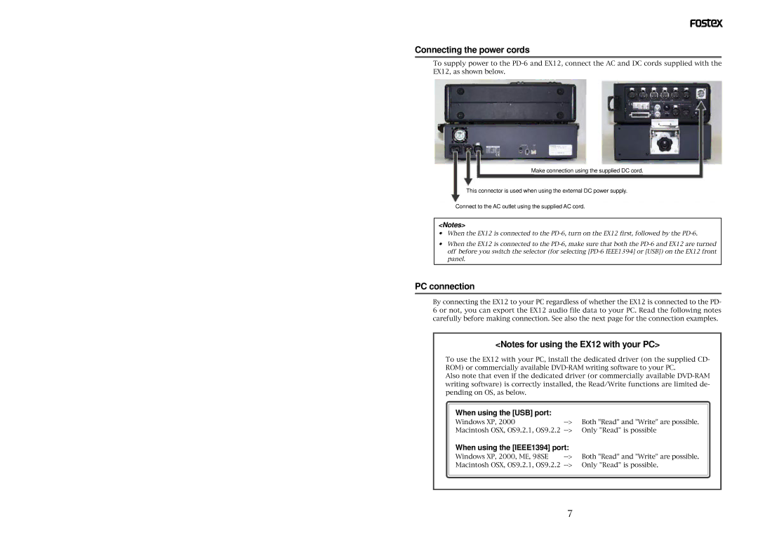 Fostex EX12 owner manual Connecting the power cords, PC connection, When using the USB port, When using the IEEE1394 port 