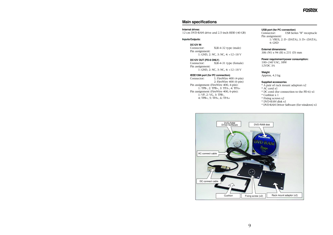 Fostex EX12 owner manual Main specifications, DC12V OUT PD-6 only 