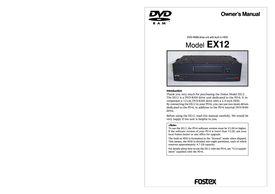 Fostex owner manual Introduction, Model EX12, Owner’s Manual 