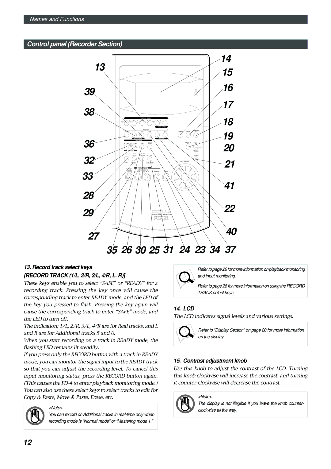 Fostex FD-4 owner manual Lcd, Contrast adjustment knob 