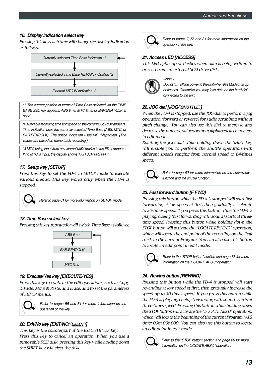 Fostex FD-4 owner manual Display indication select key, Setup key Setup, Time Base select key, Execute/Yes key EXECUTE/YES 