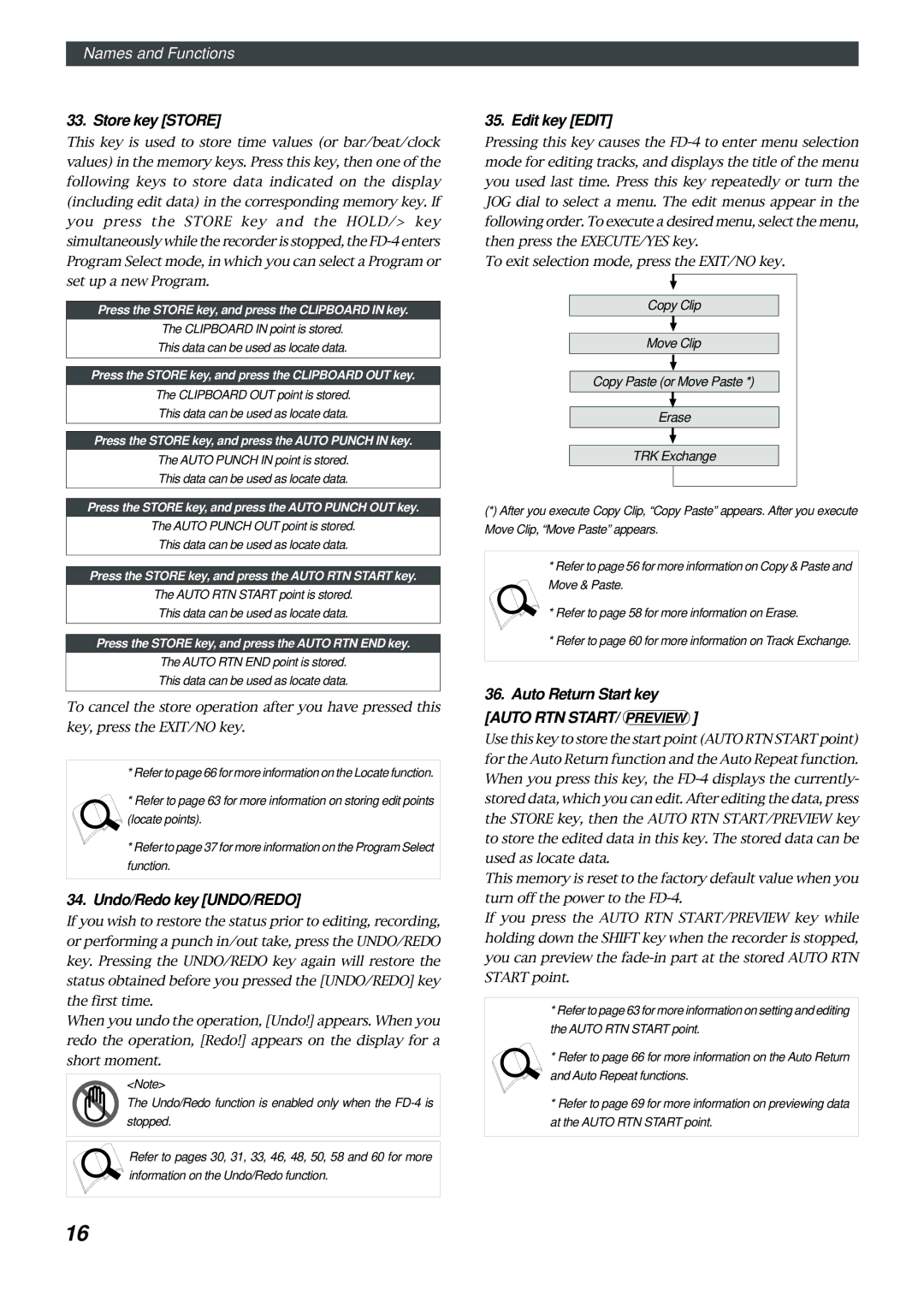 Fostex FD-4 owner manual Store key Store, Undo/Redo key UNDO/REDO, Edit key Edit, Auto Return Start key 