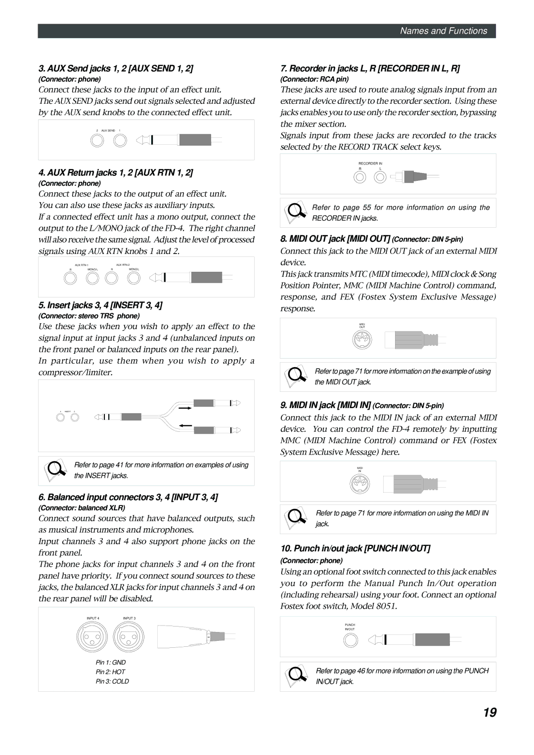Fostex FD-4 owner manual AUX Send jacks 1, 2 AUX Send 1, AUX Return jacks 1, 2 AUX RTN 1, Insert jacks 3, 4 Insert 3 