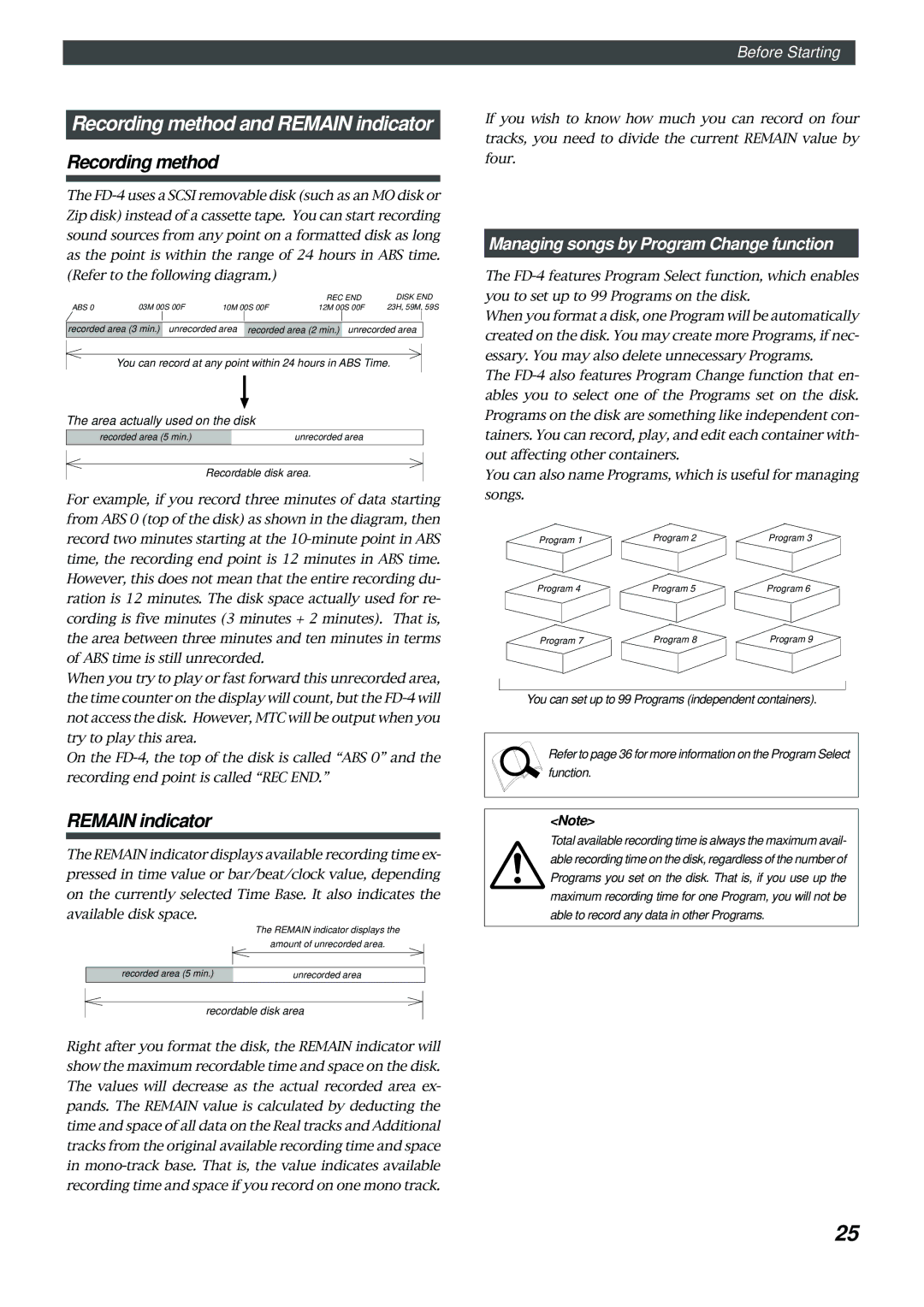 Fostex FD-4 owner manual Recording method, Remain indicator, Area actually used on the disk 