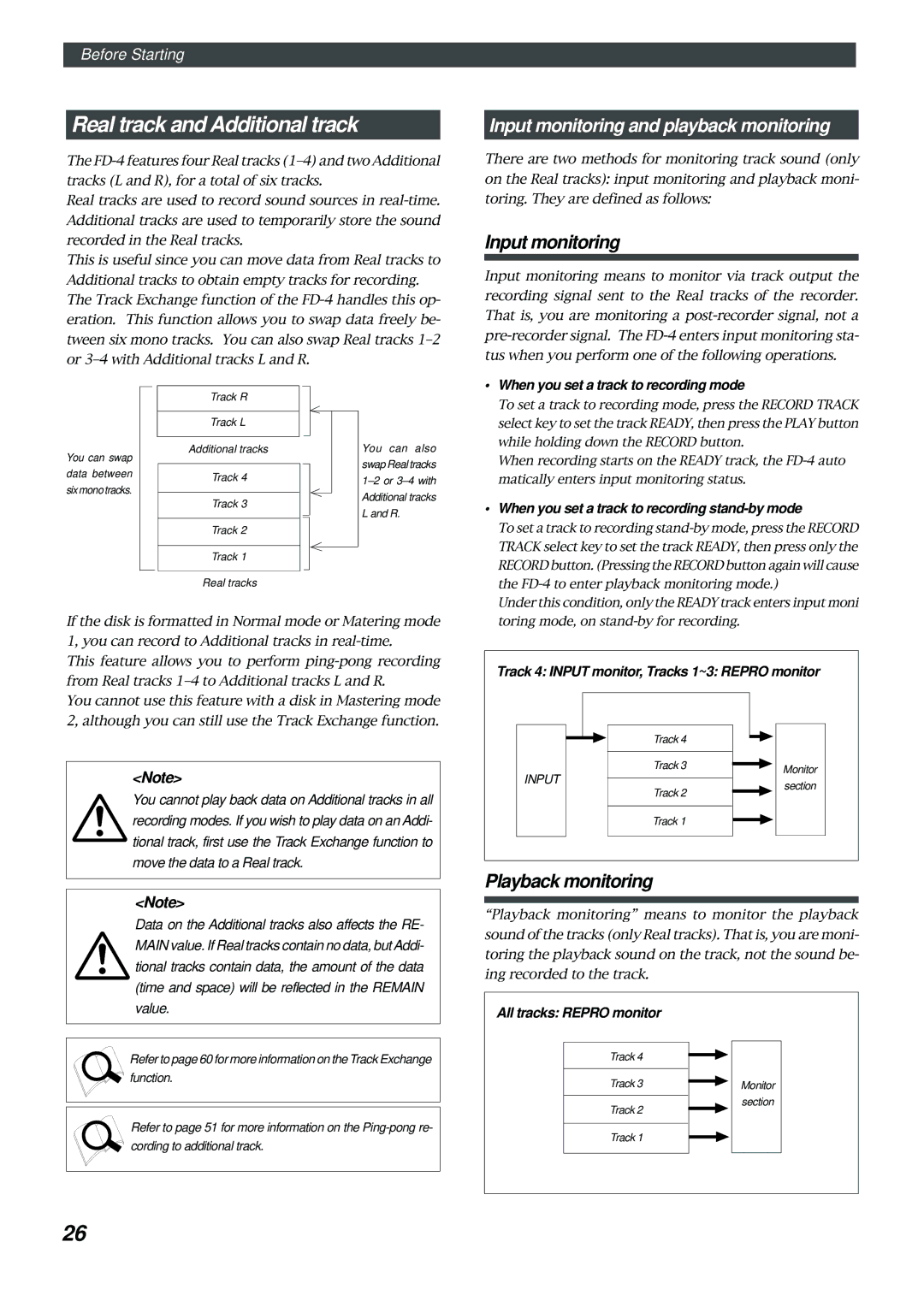 Fostex FD-4 owner manual Real track and Additional track, Input monitoring, Playback monitoring 