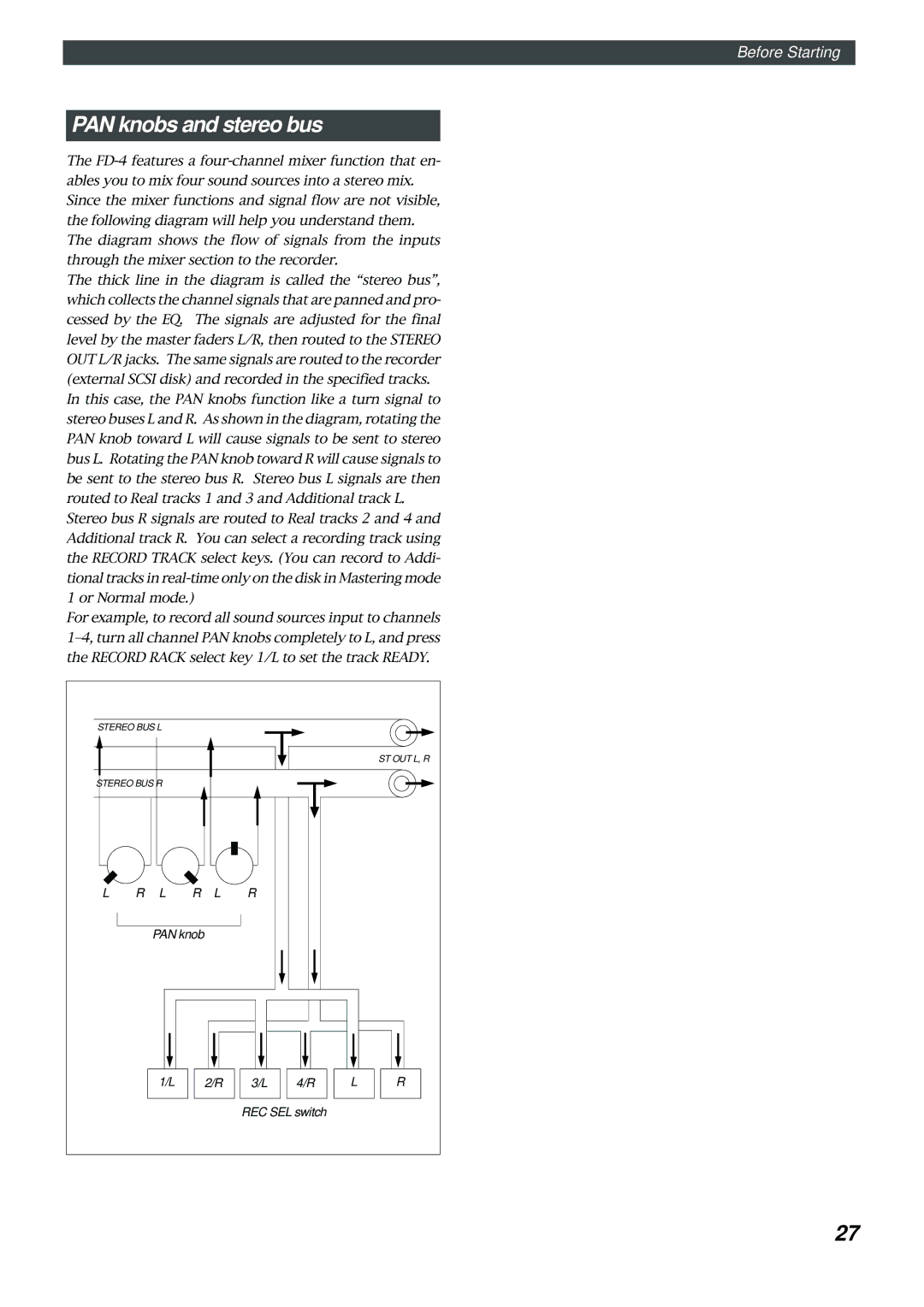 Fostex FD-4 owner manual PAN knobs and stereo bus, REC SEL switch 
