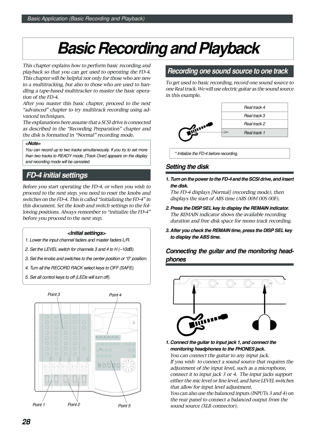 Fostex owner manual Basic Recording and Playback, FD-4 initial settings, Setting the disk, Initial settings 