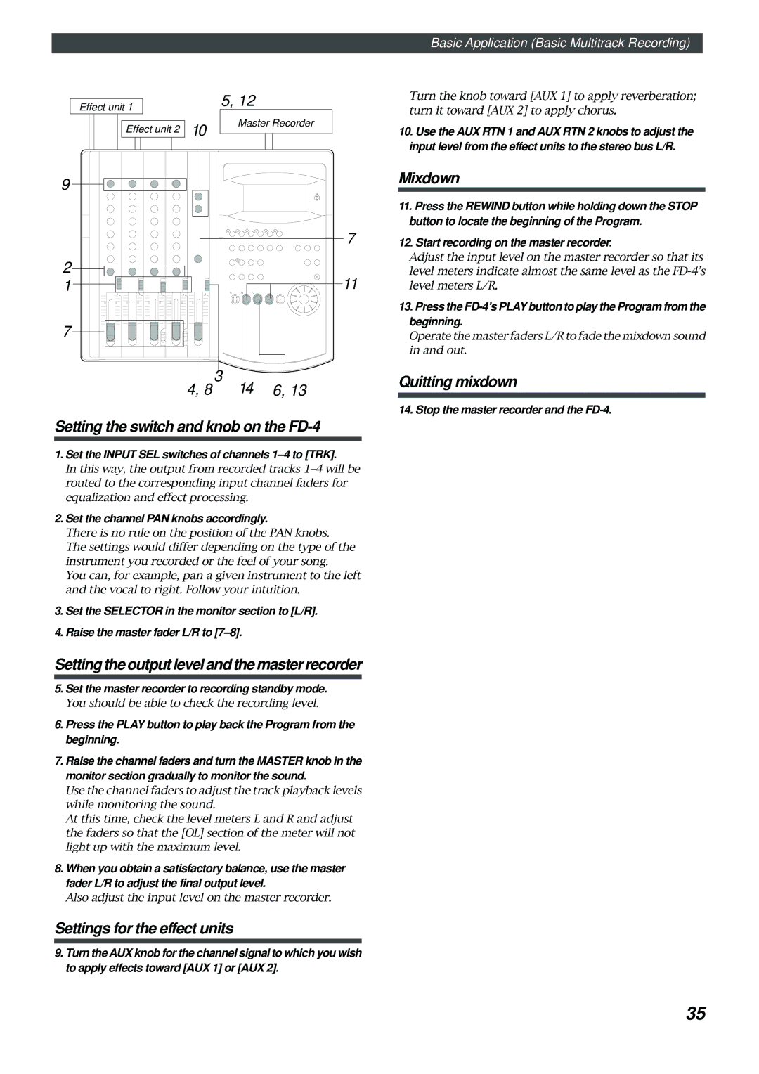 Fostex owner manual Setting the switch and knob on the FD-4, Setting the output level and the master recorder, Mixdown 