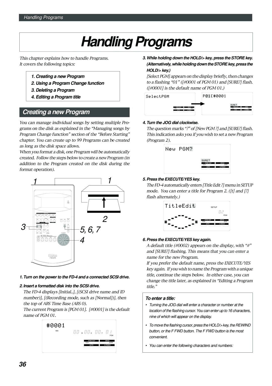 Fostex FD-4 owner manual Handling Programs, Creating a new Program, To enter a title 