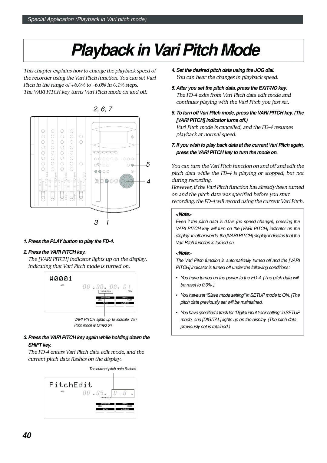 Fostex FD-4 owner manual Playback in Vari Pitch Mode, Set the desired pitch data using the JOG dial 