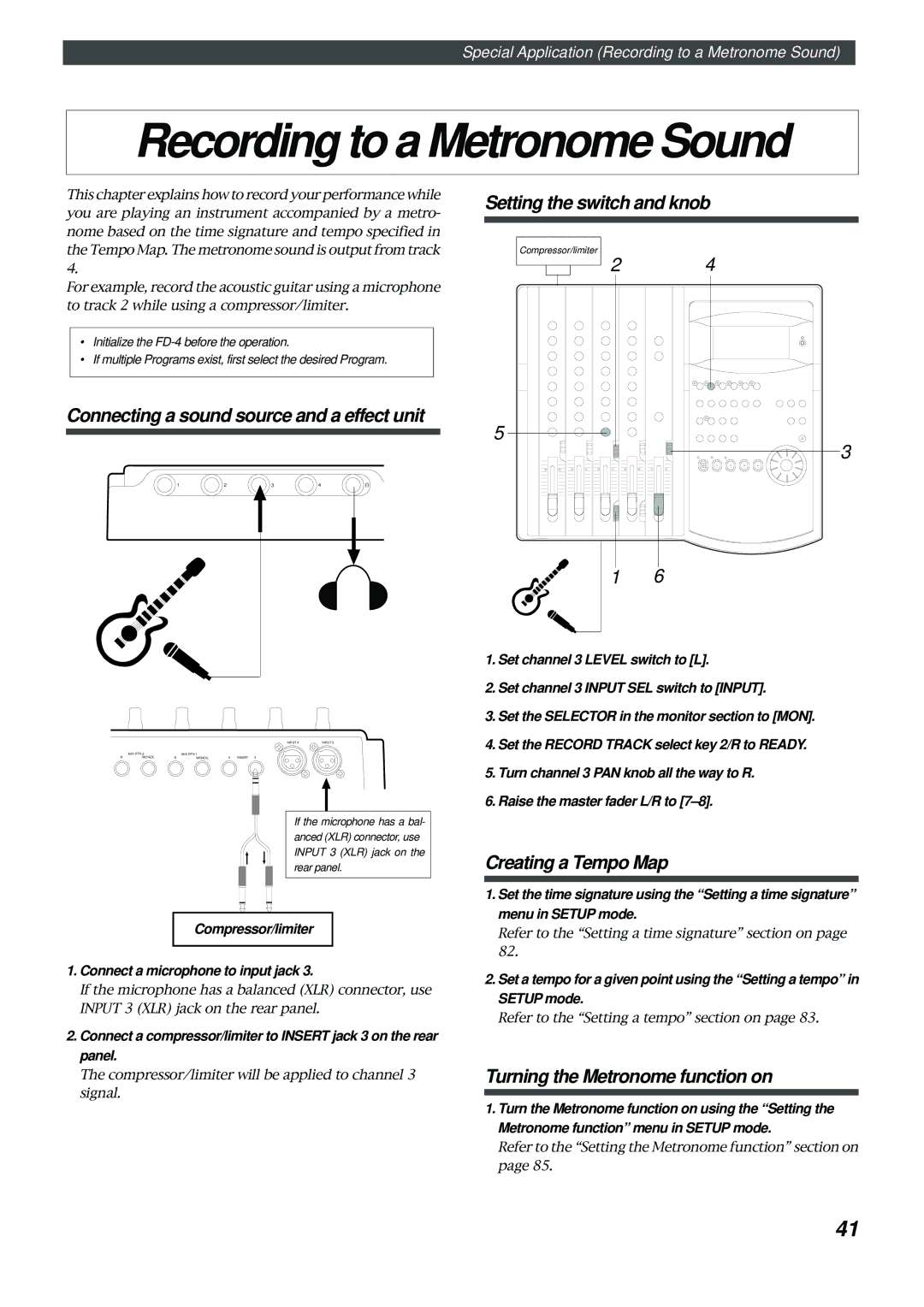 Fostex FD-4 owner manual Recording to a Metronome Sound, Connecting a sound source and a effect unit, Creating a Tempo Map 