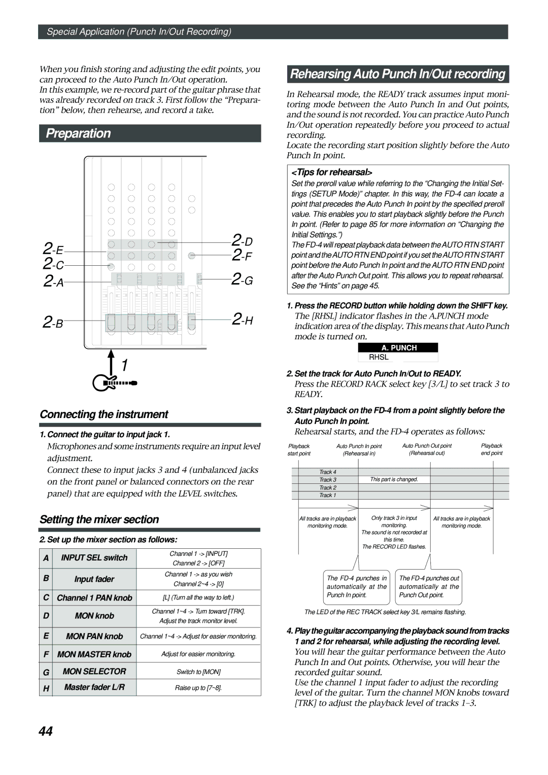 Fostex FD-4 owner manual Preparation, Connecting the instrument, Setting the mixer section, Tips for rehearsal 