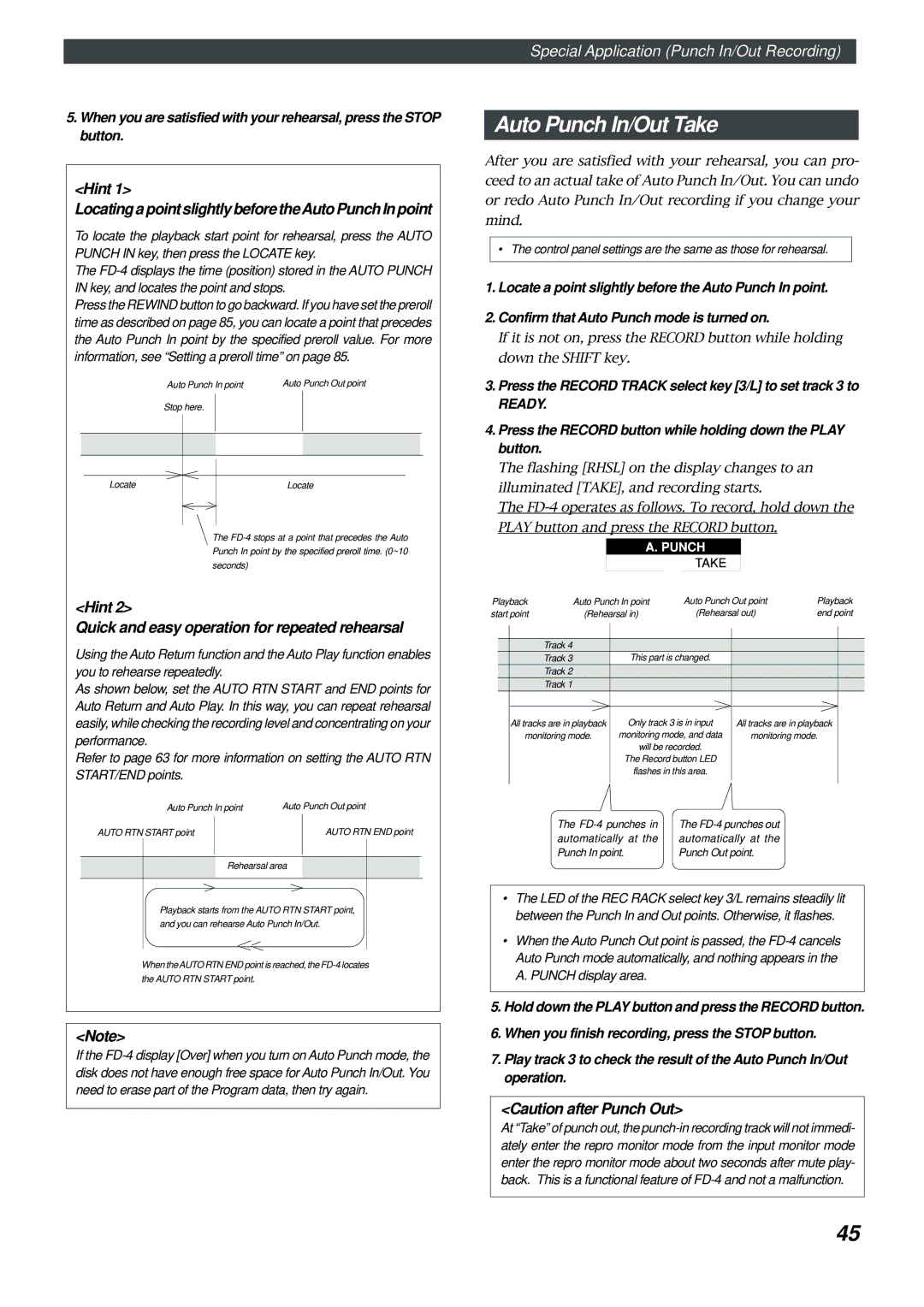 Fostex FD-4 owner manual Auto Punch In/Out Take, Hint Quick and easy operation for repeated rehearsal 