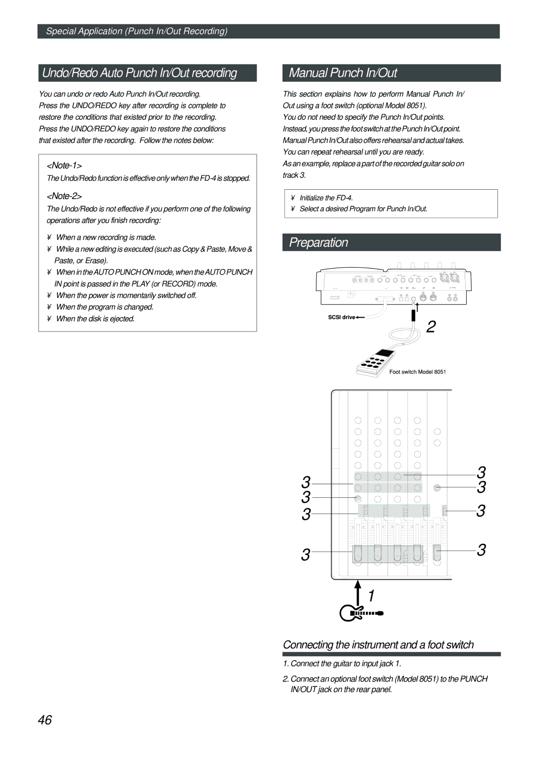 Fostex FD-4 owner manual Manual Punch In/Out, Connecting the instrument and a foot switch 