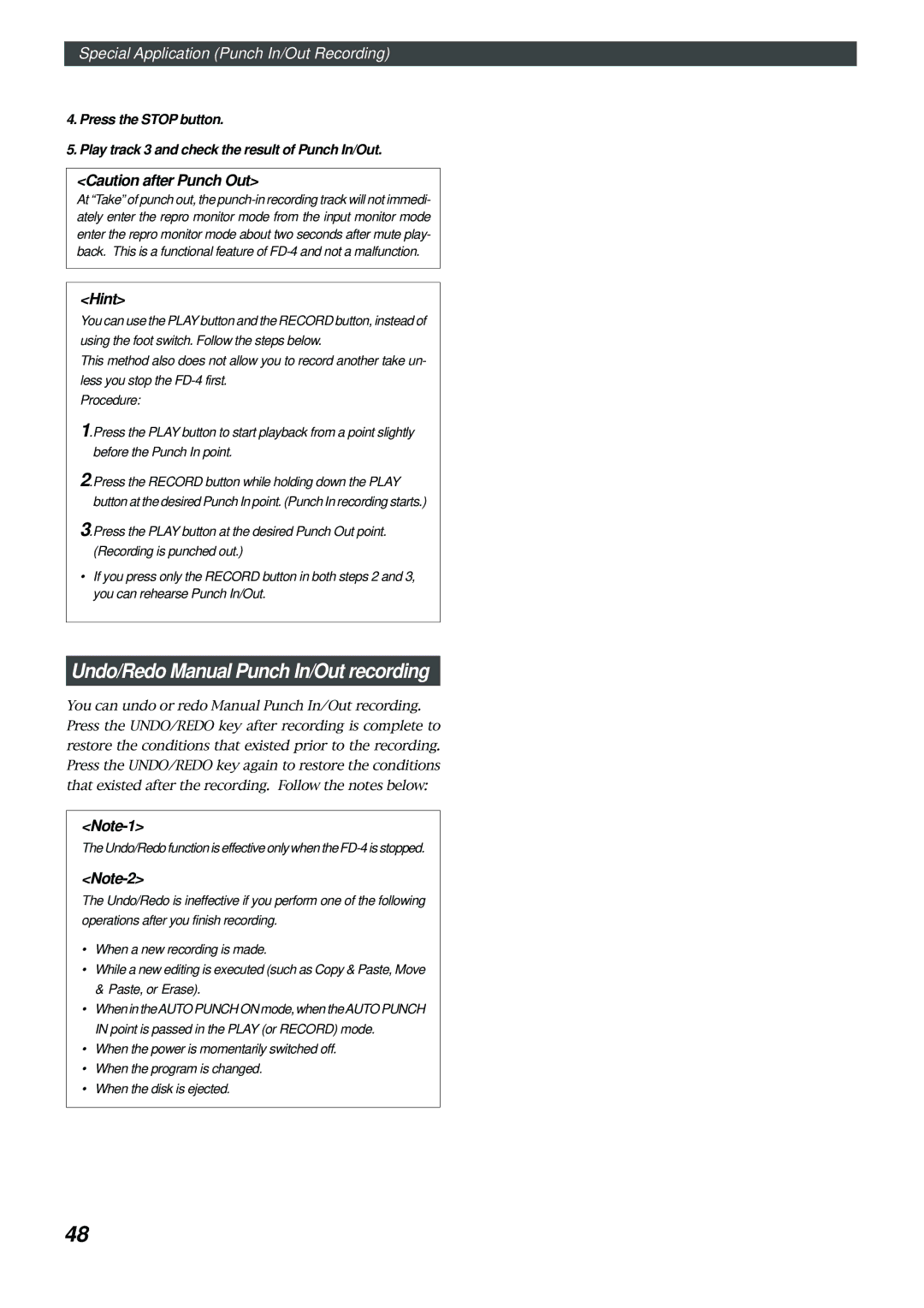 Fostex FD-4 owner manual Undo/Redo Manual Punch In/Out recording 