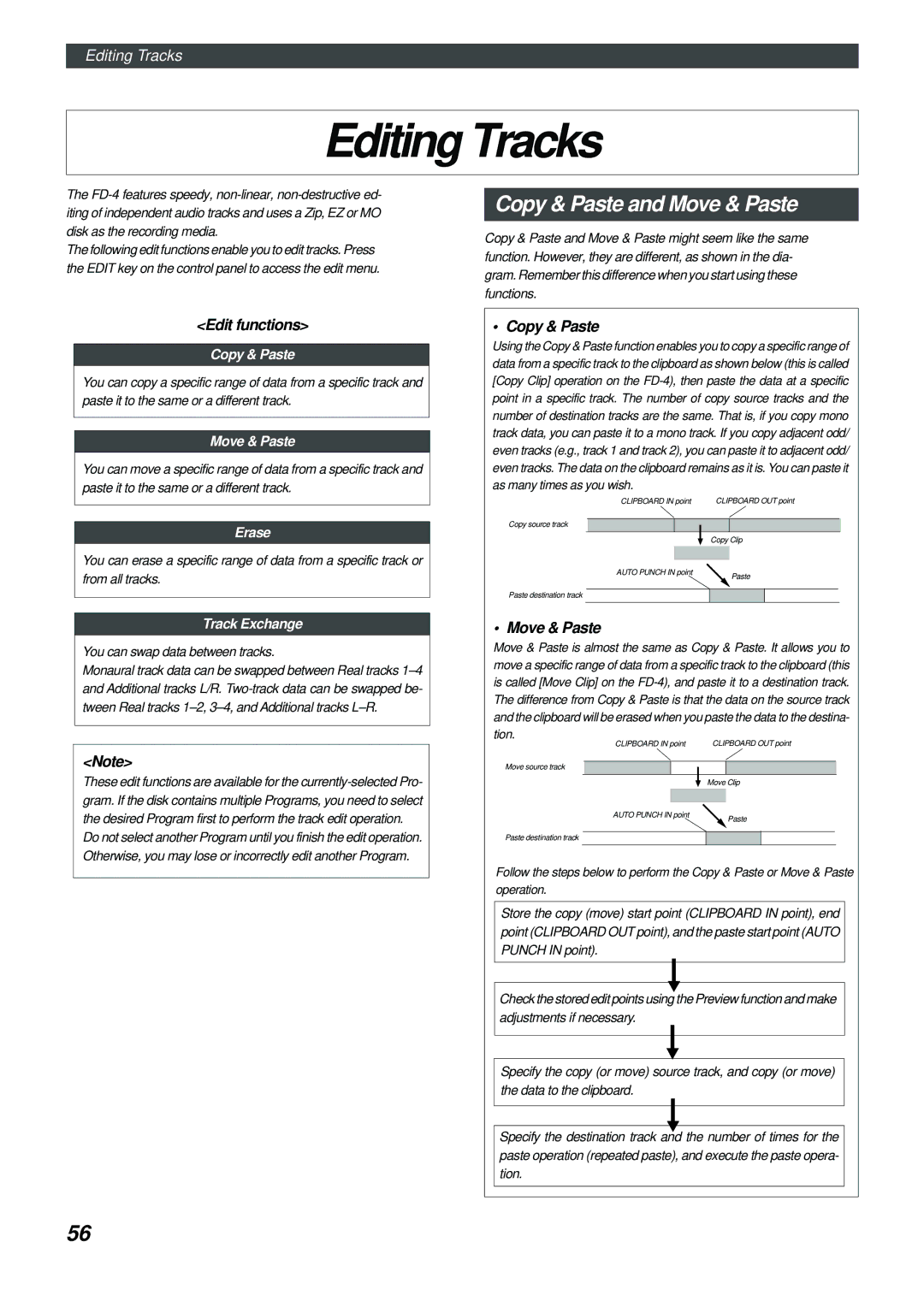 Fostex FD-4 owner manual Editing Tracks, Copy & Paste and Move & Paste, Edit functions 