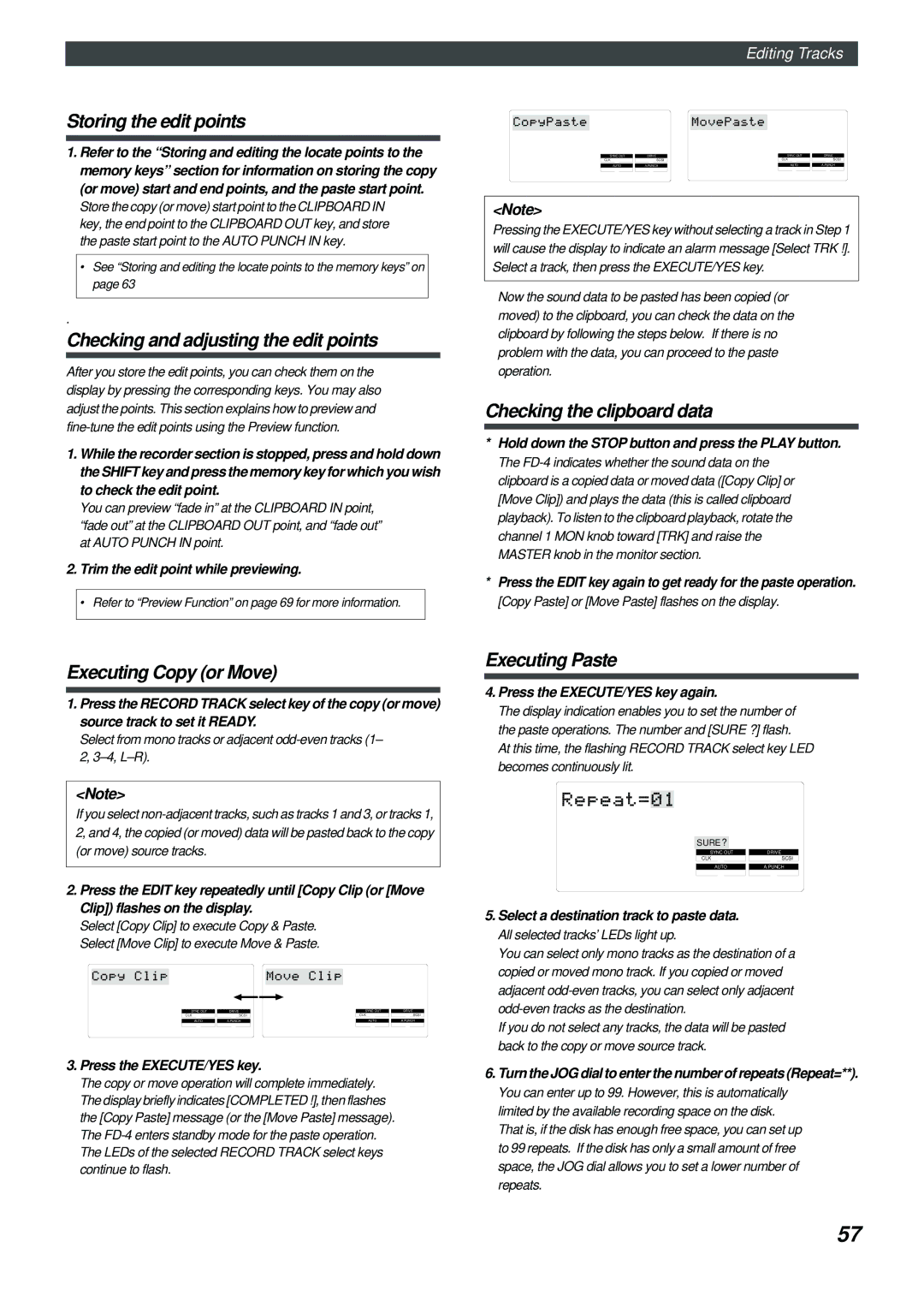 Fostex FD-4 Checking and adjusting the edit points, Checking the clipboard data, Executing Copy or Move, Executing Paste 