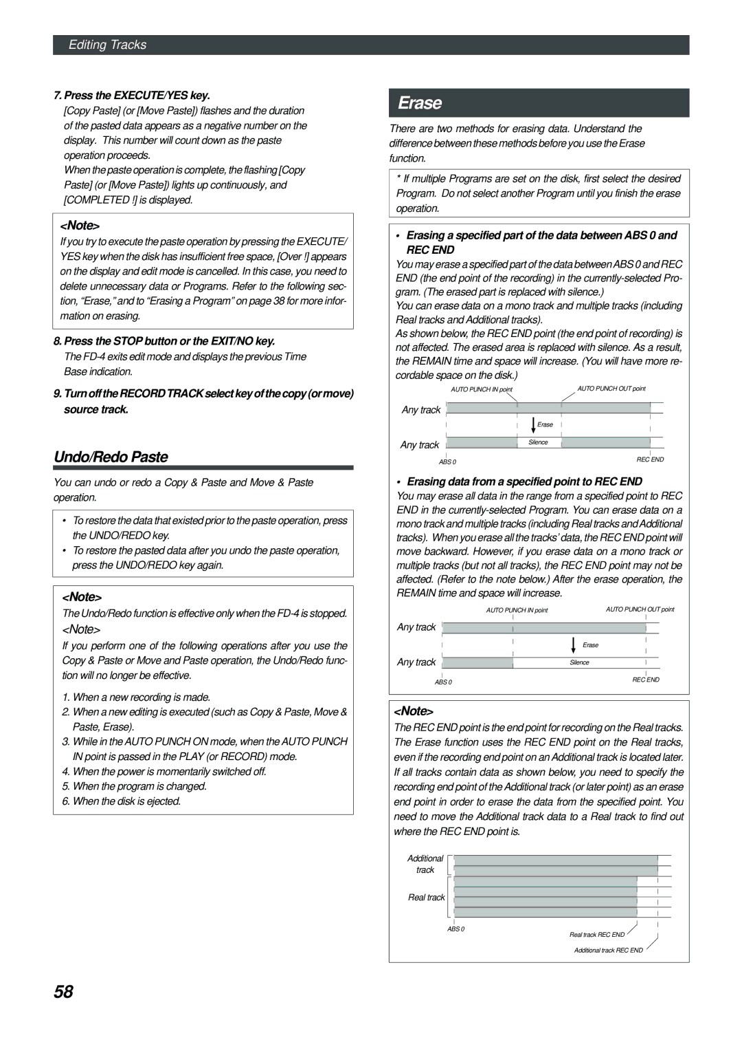 Fostex FD-4 owner manual Erase, Undo/Redo Paste, Press the Stop button or the EXIT/NO key 