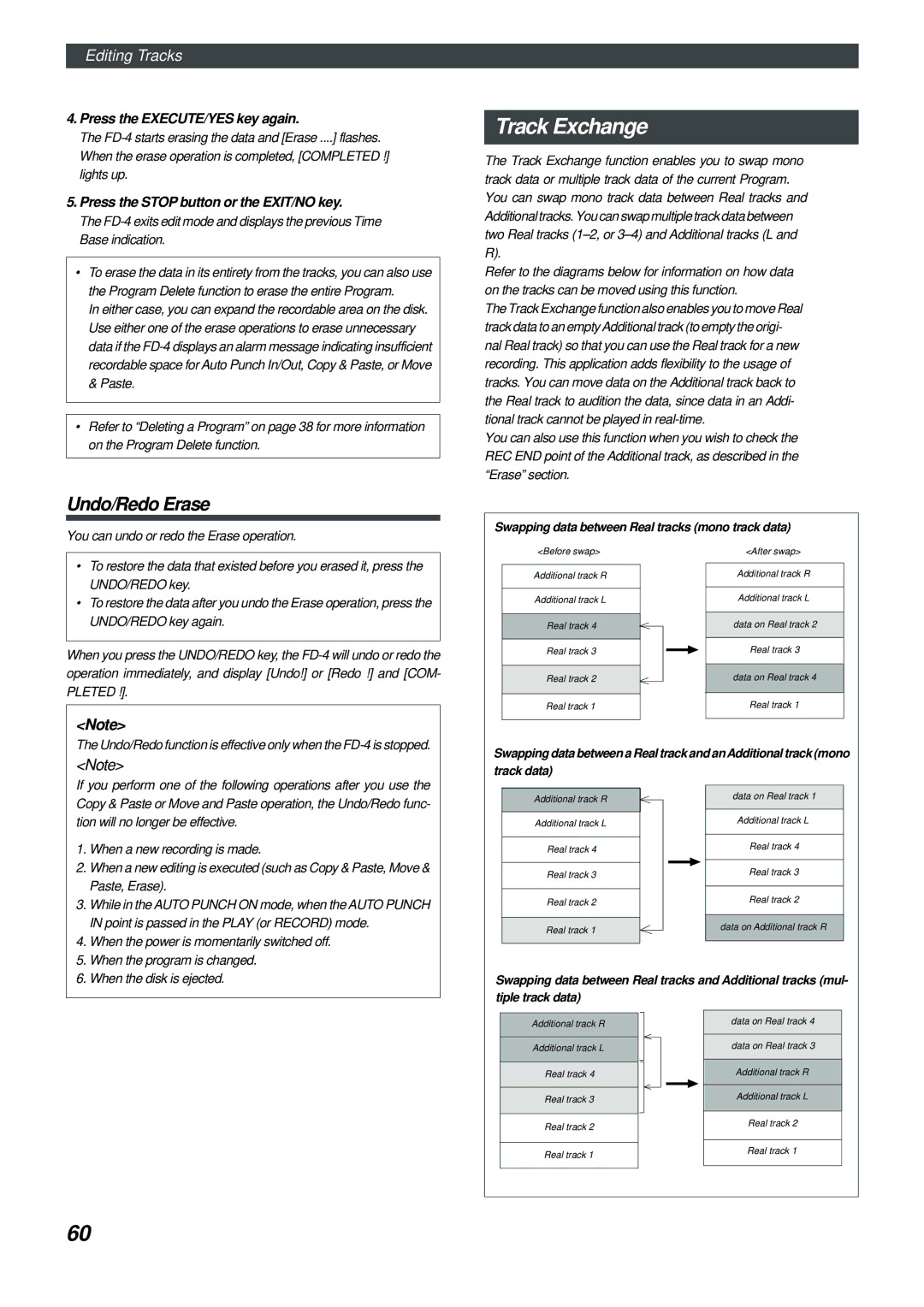 Fostex FD-4 owner manual Track Exchange, Undo/Redo Erase, Swapping data between Real tracks mono track data, Paste, Erase 