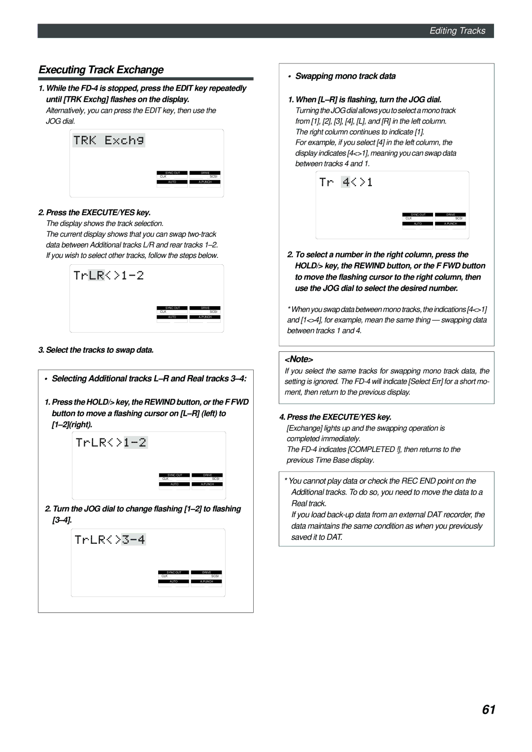Fostex FD-4 Executing Track Exchange, Swapping mono track data, Selecting Additional tracks L-R and Real tracks 
