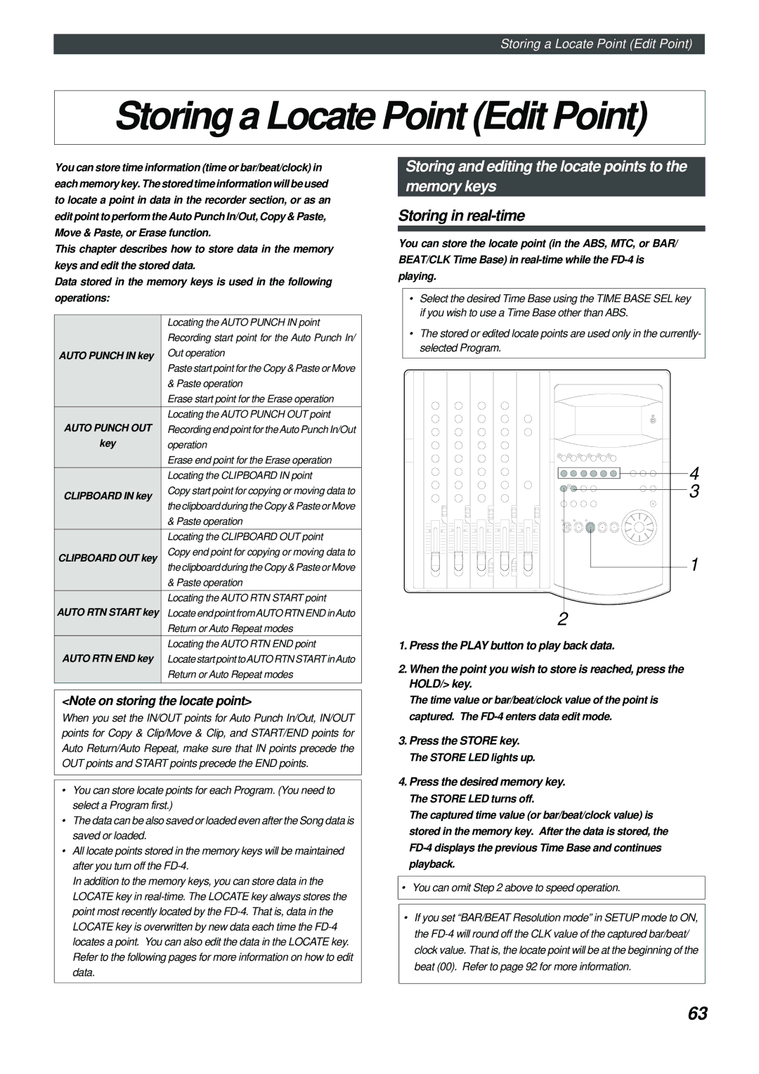 Fostex FD-4 Storing a Locate Point Edit Point, Storing in real-time, Press the Store key, Press the desired memory key 
