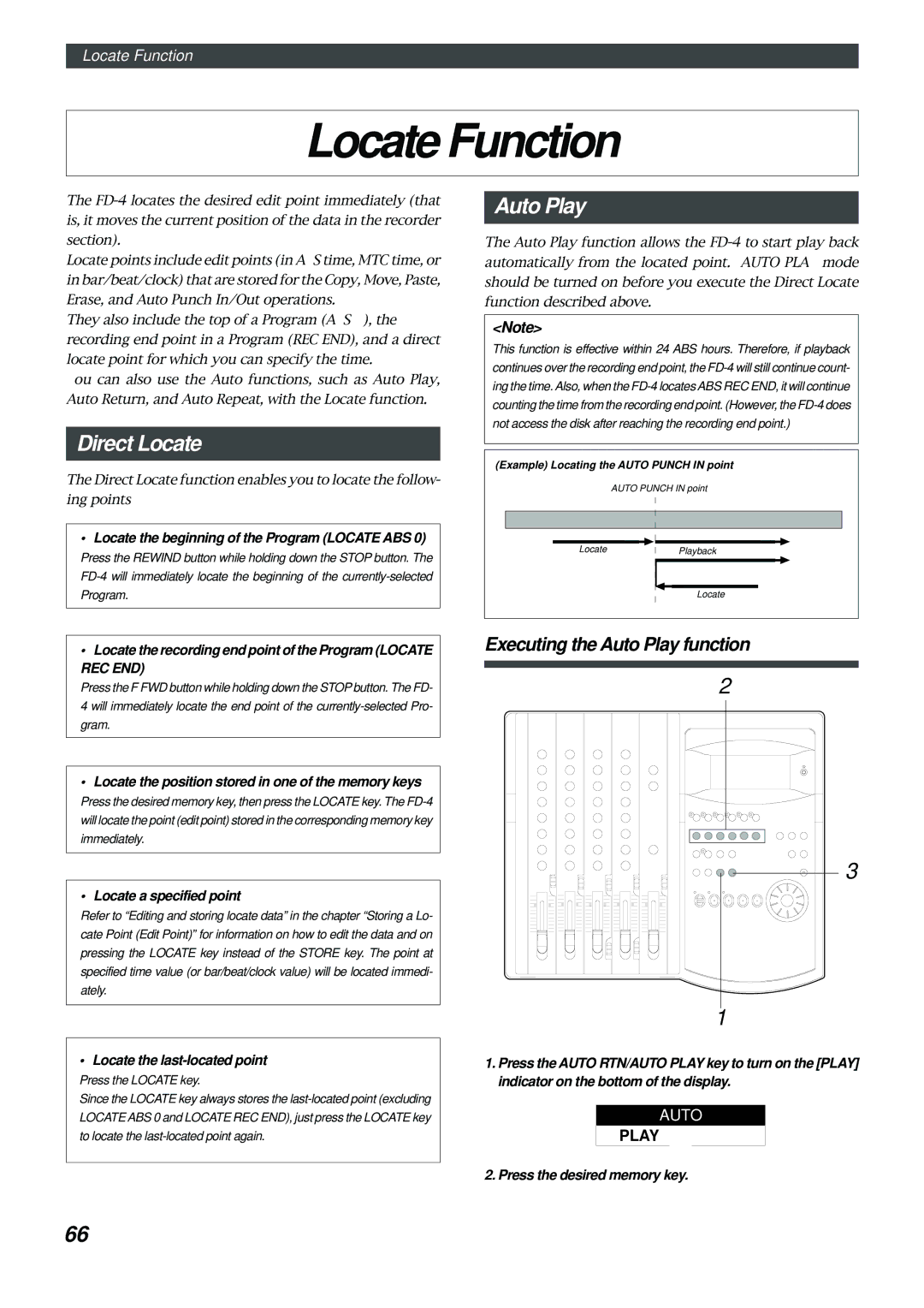 Fostex FD-4 owner manual Locate Function, Direct Locate, Executing the Auto Play function 