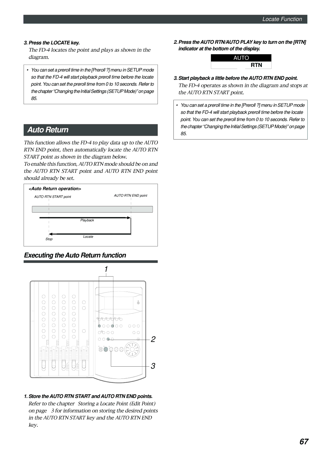 Fostex FD-4 Executing the Auto Return function, Press the Locate key, Store the Auto RTN Start and Auto RTN END points 