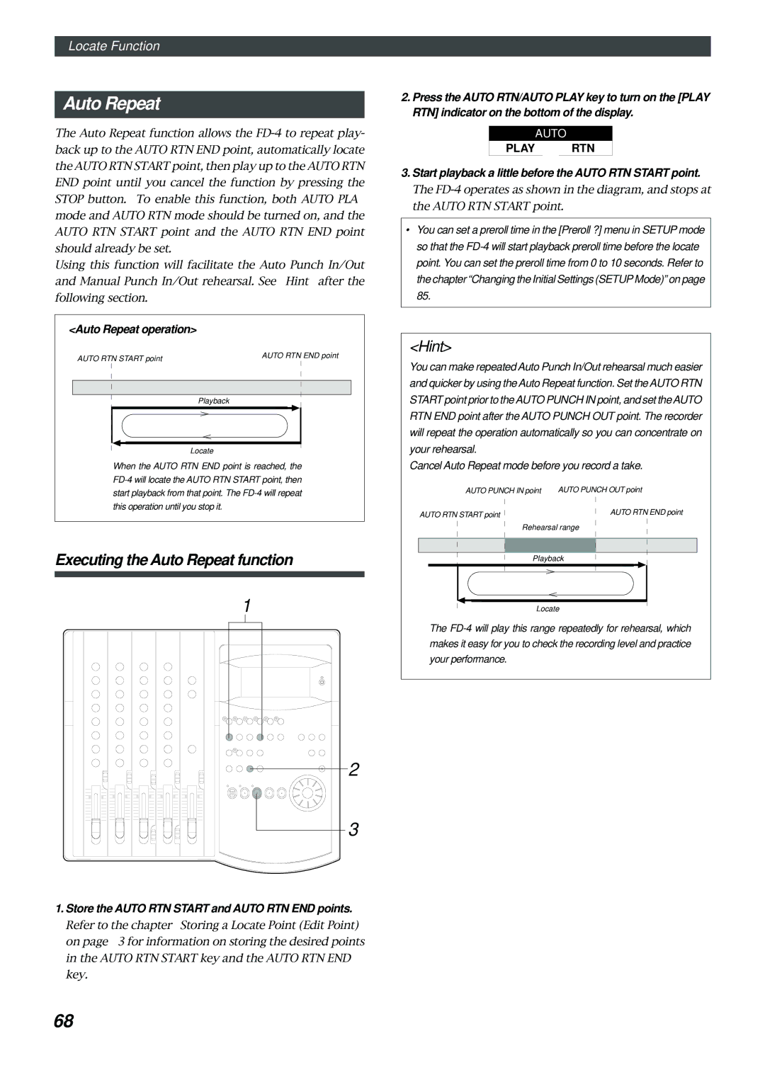 Fostex FD-4 owner manual Executing the Auto Repeat function, Auto Repeat operation 