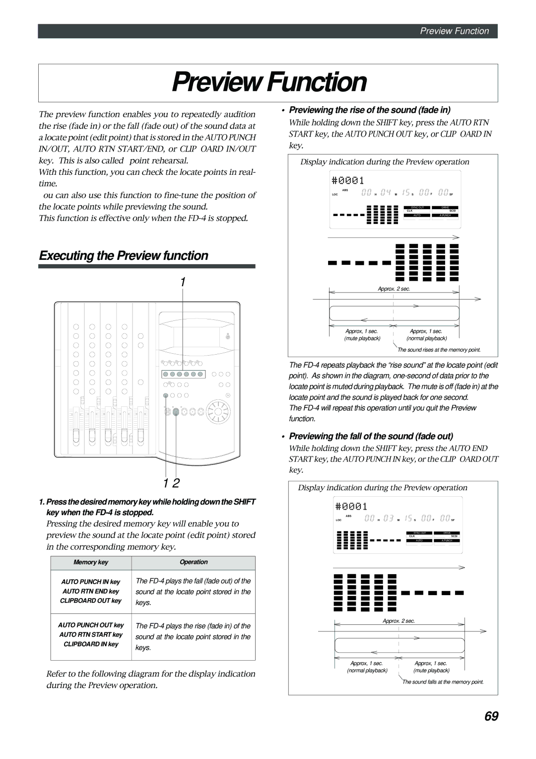 Fostex FD-4 owner manual Preview Function, Previewing the rise of the sound fade, Previewing the fall of the sound fade out 