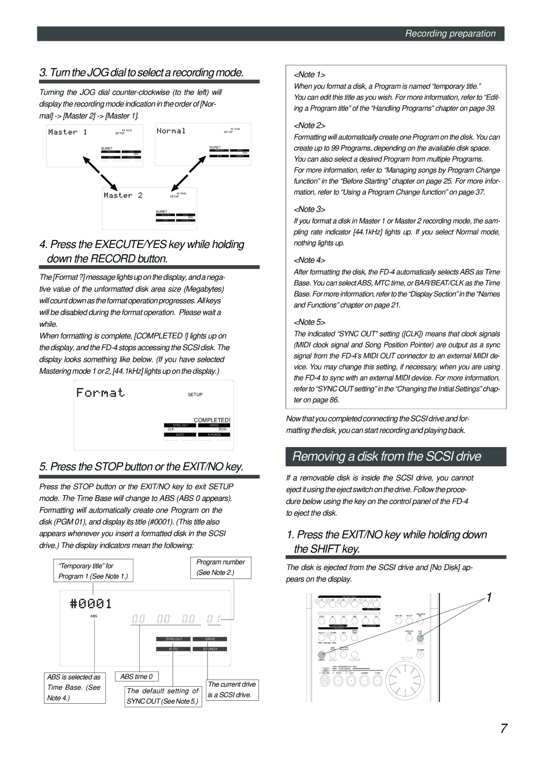 Fostex FD-4 owner manual Removing a disk from the Scsi drive, Turn the JOG dial to select a recording mode 