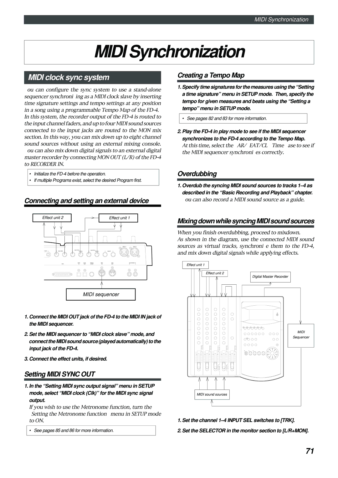 Fostex FD-4 owner manual Midi Synchronization, Midi clock sync system 