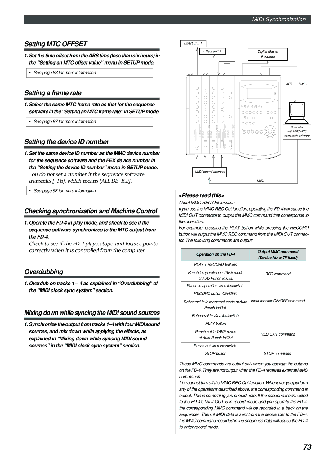 Fostex FD-4 owner manual Setting MTC Offset, Setting a frame rate, Setting the device ID number, Please read this 