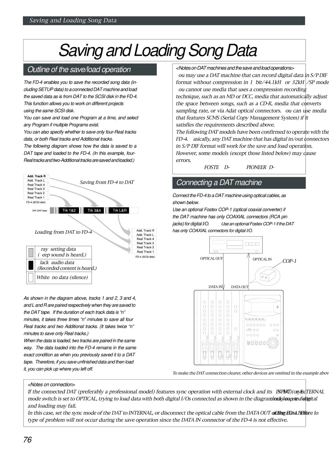 Fostex FD-4 owner manual Saving and Loading Song Data, Outline of the save/load operation, Connecting a DAT machine 