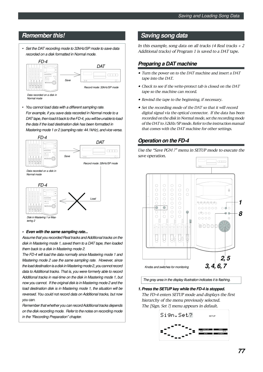 Fostex owner manual Remember this, Saving song data, Preparing a DAT machine, Operation on the FD-4 