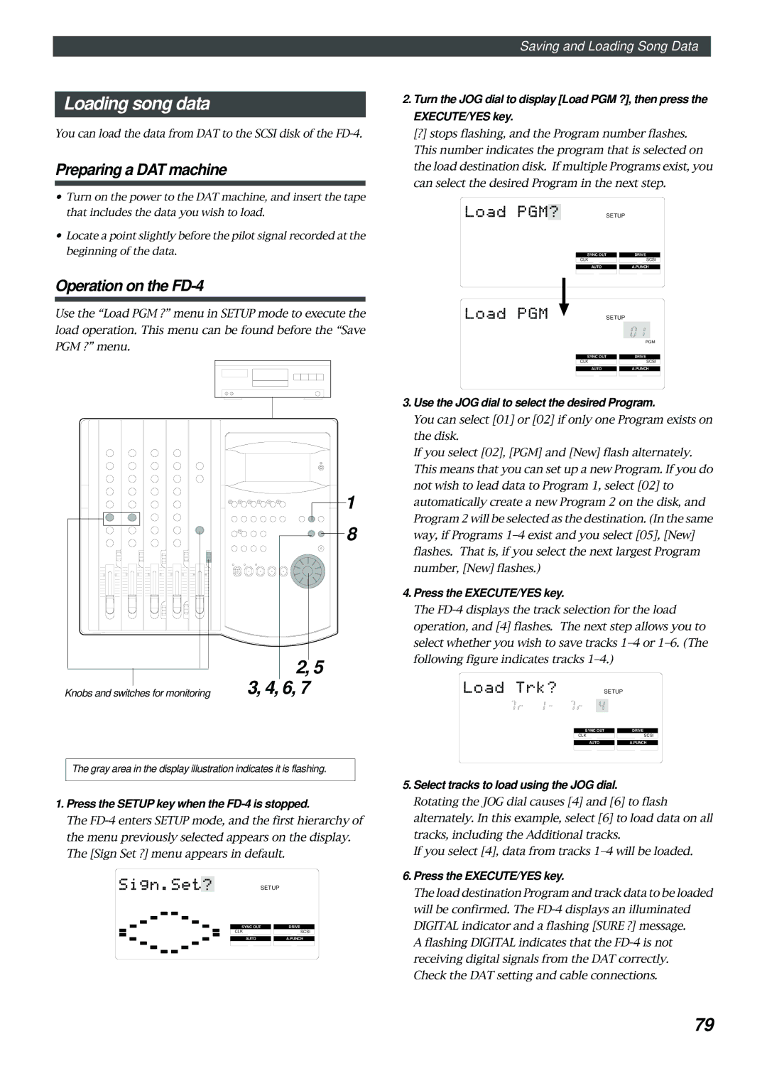 Fostex Loading song data, Press the Setup key when the FD-4 is stopped, Select tracks to load using the JOG dial 