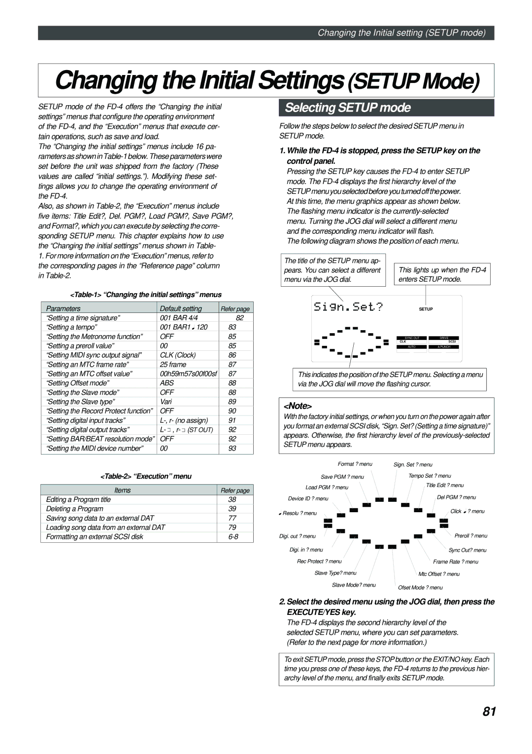 Fostex FD-4 owner manual Selecting Setup mode, Changing the initial settings menus, Execution menu 