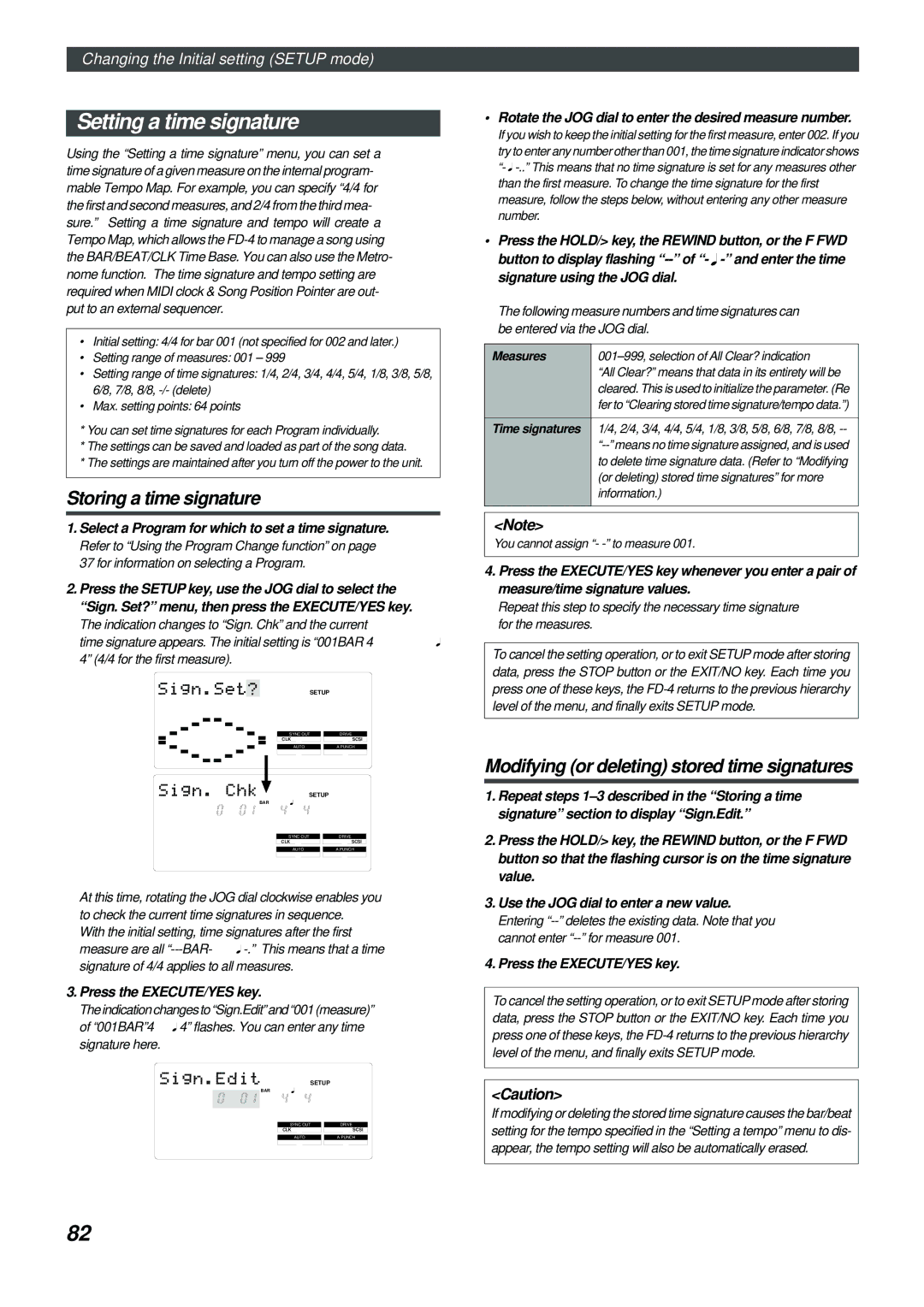 Fostex FD-4 owner manual Setting a time signature, Storing a time signature, Modifying or deleting stored time signatures 