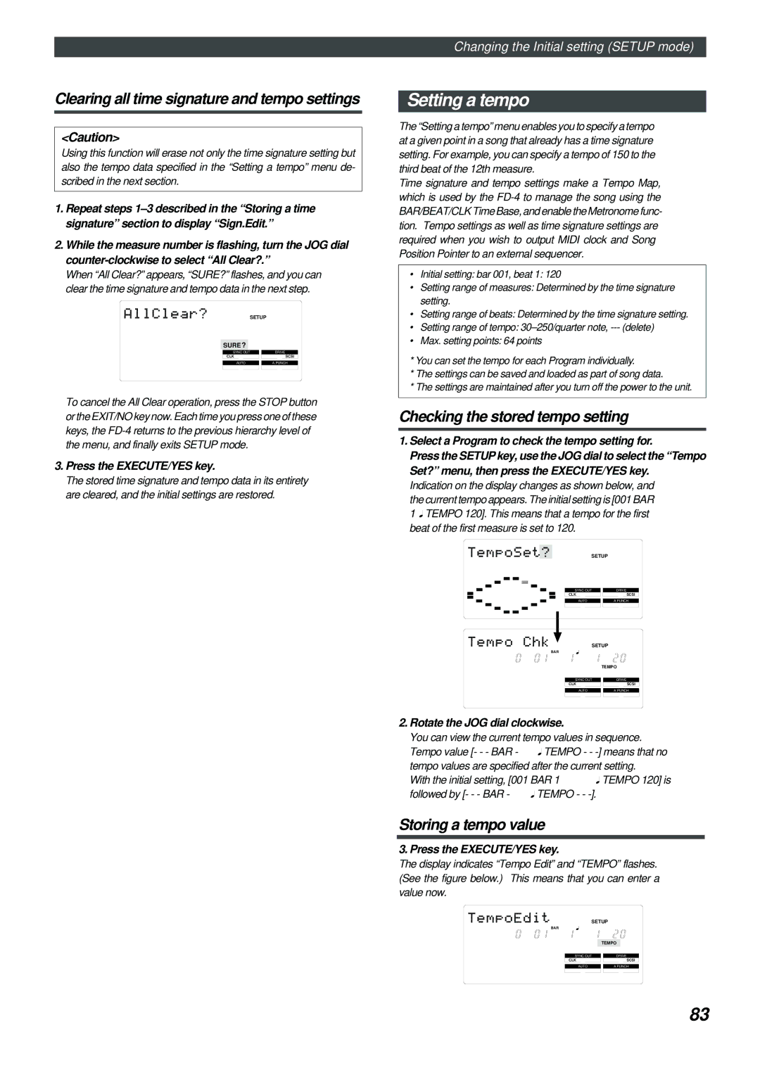 Fostex FD-4 owner manual Setting a tempo, Clearing all time signature and tempo settings, Checking the stored tempo setting 