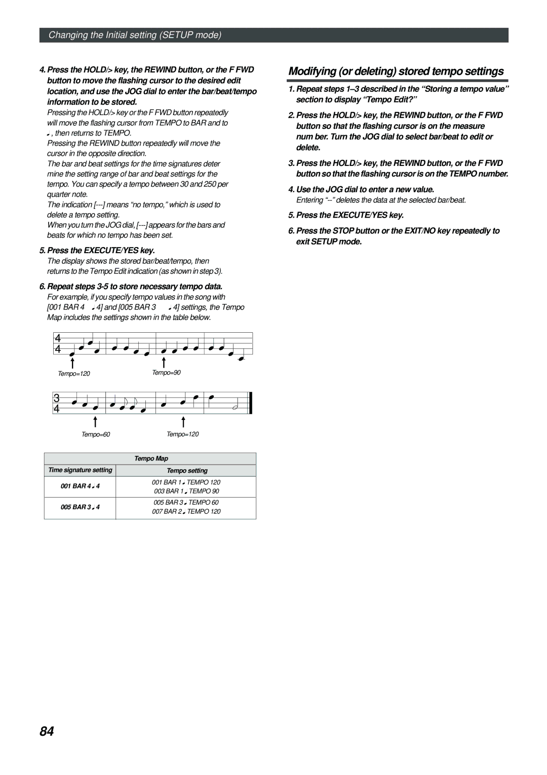 Fostex FD-4 owner manual Modifying or deleting stored tempo settings, Repeat steps 3-5 to store necessary tempo data 