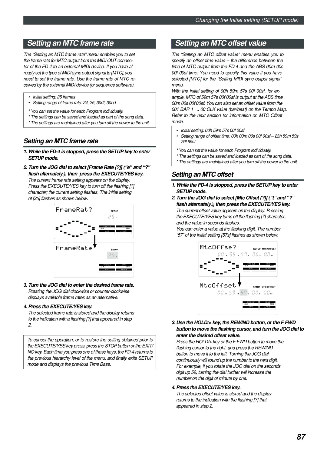 Fostex FD-4 Setting an MTC frame rate, Setting an MTC offset value, Turn the JOG dial to enter the desired frame rate 