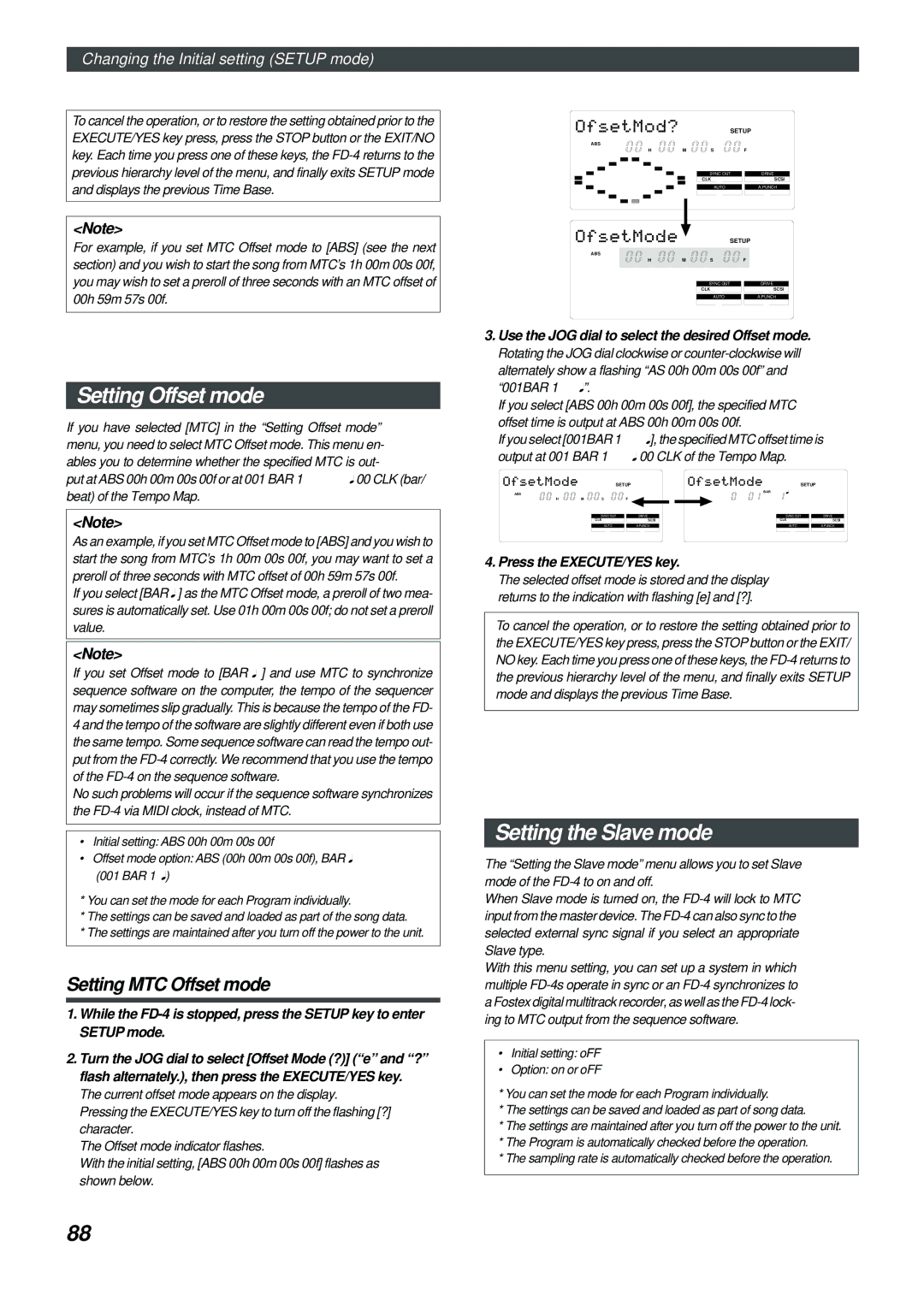 Fostex FD-4 owner manual Setting Offset mode, Setting the Slave mode, Setting MTC Offset mode 