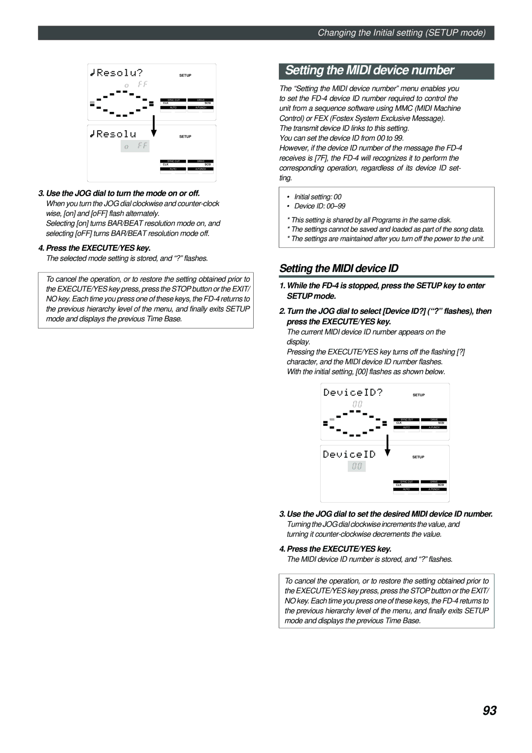 Fostex FD-4 Setting the Midi device number, Setting the Midi device ID, Use the JOG dial to turn the mode on or off 