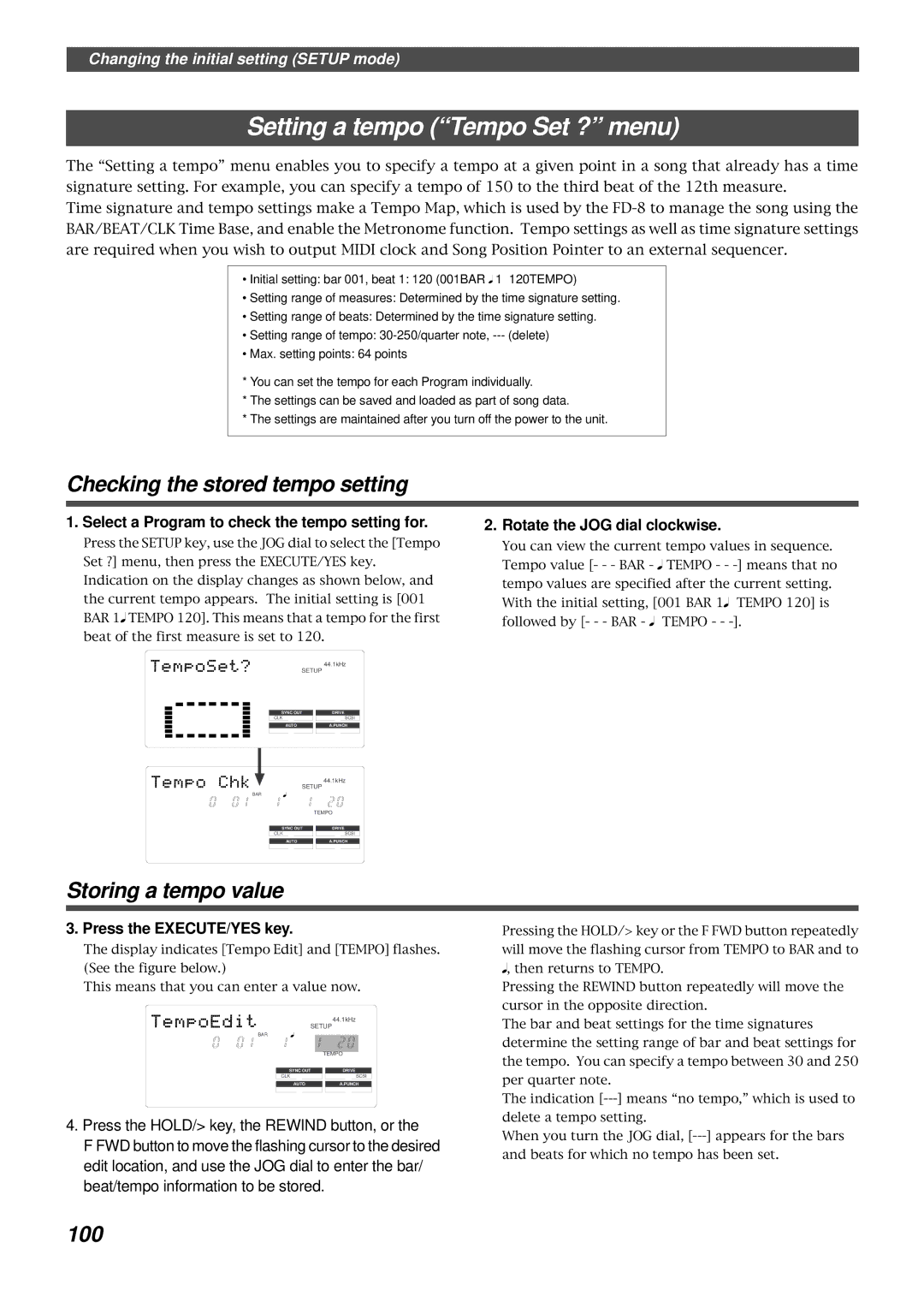 Fostex FD-8 owner manual Setting a tempo Tempo Set ? menu, Checking the stored tempo setting, Storing a tempo value, 100 