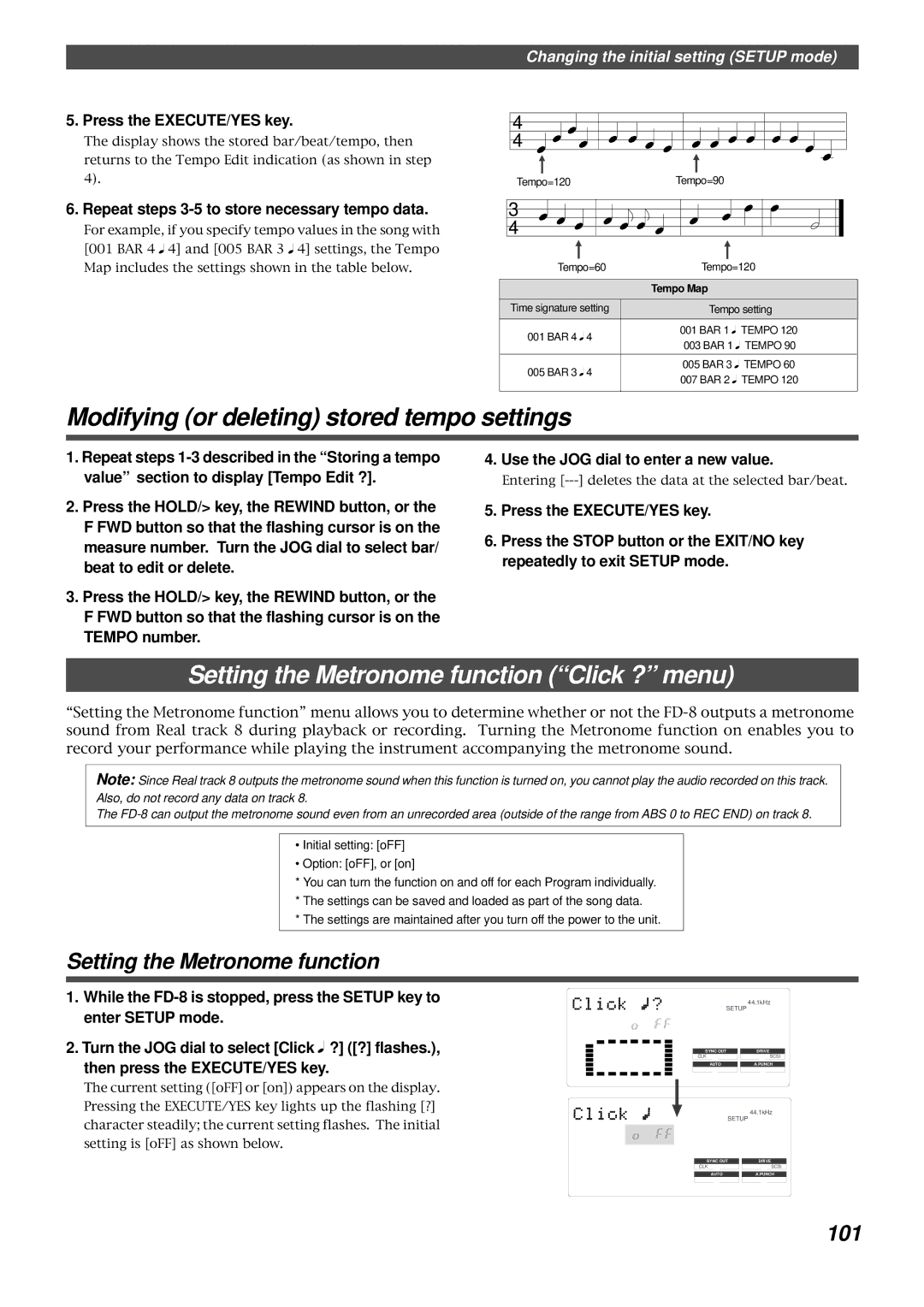 Fostex FD-8 owner manual Setting the Metronome function Click ? menu, 101, Repeat steps 3-5 to store necessary tempo data 