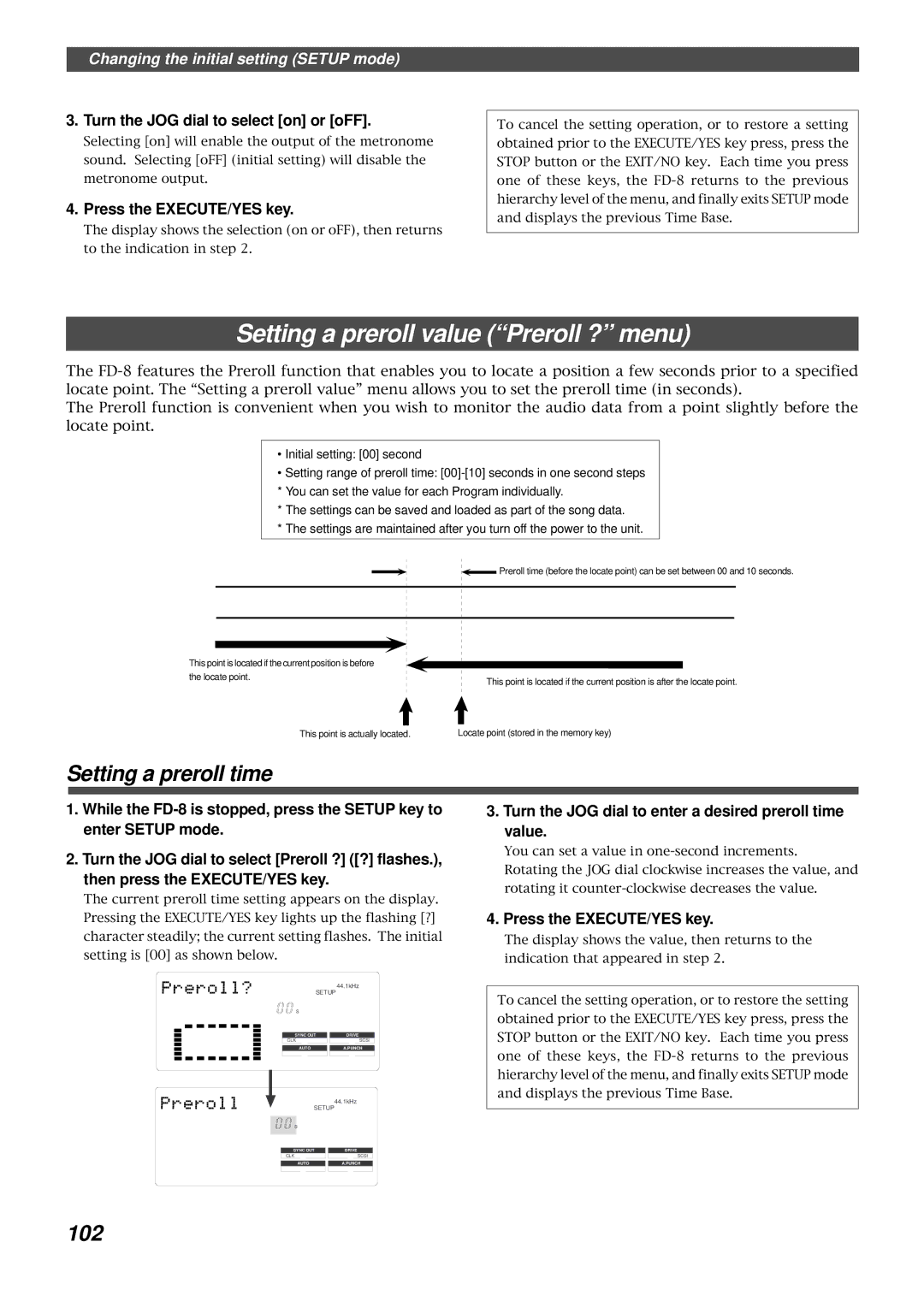 Fostex FD-8 Setting a preroll value Preroll ? menu, Setting a preroll time, 102, Turn the JOG dial to select on or oFF 