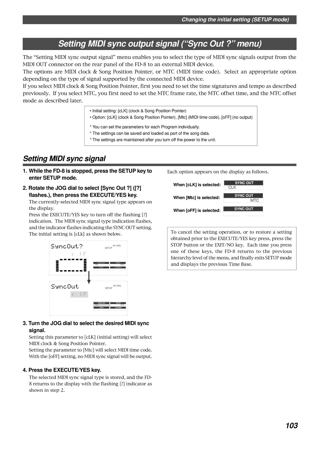 Fostex FD-8 owner manual Setting Midi sync output signal Sync Out ? menu, Setting Midi sync signal, 103 