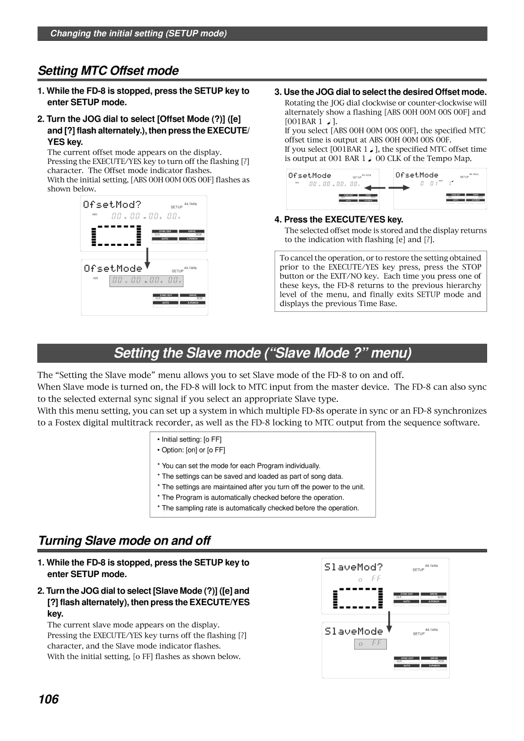 Fostex FD-8 Setting the Slave mode Slave Mode ? menu, Setting MTC Offset mode, Turning Slave mode on and off, 106 