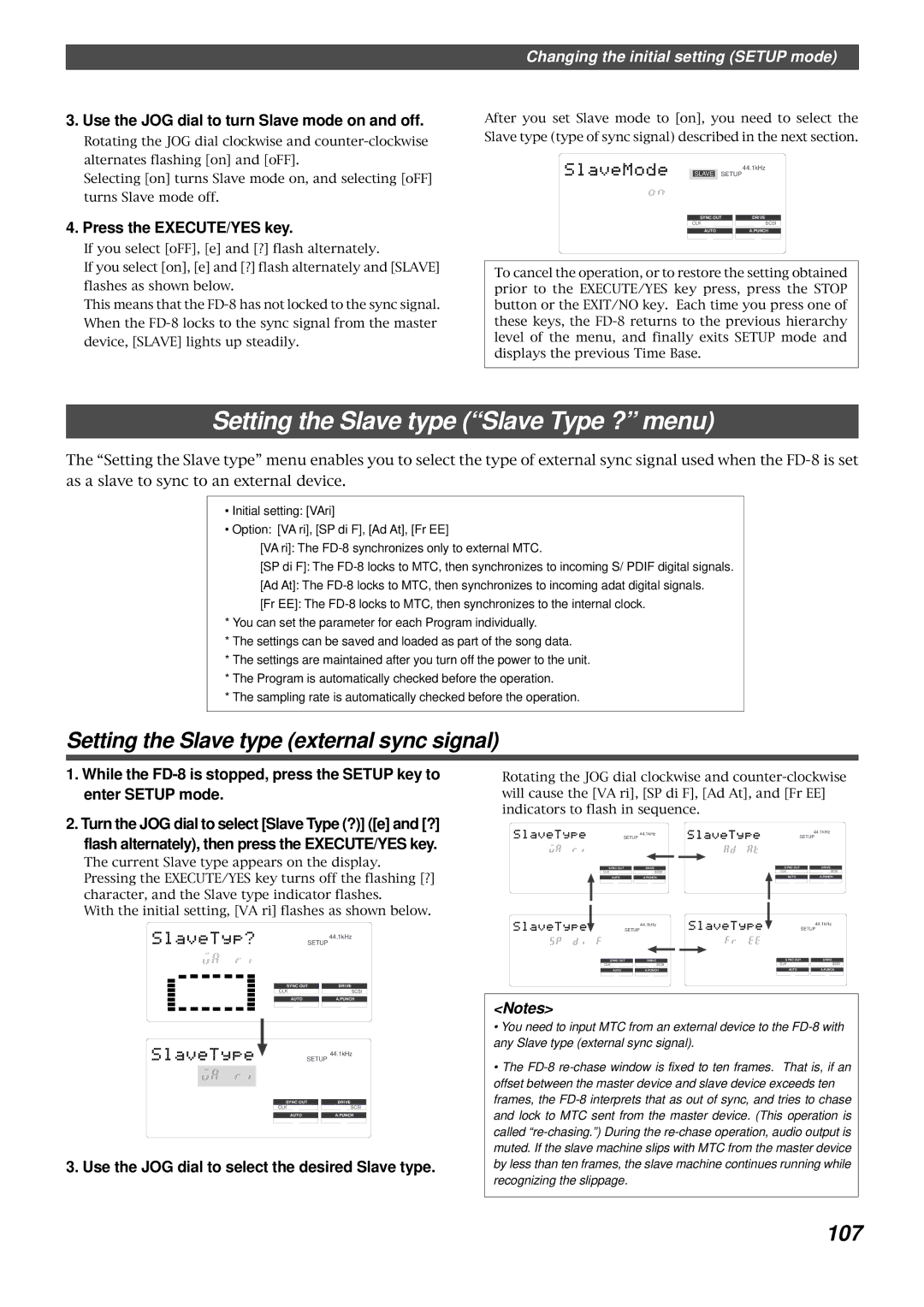 Fostex FD-8 owner manual Setting the Slave type Slave Type ? menu, Setting the Slave type external sync signal, 107 