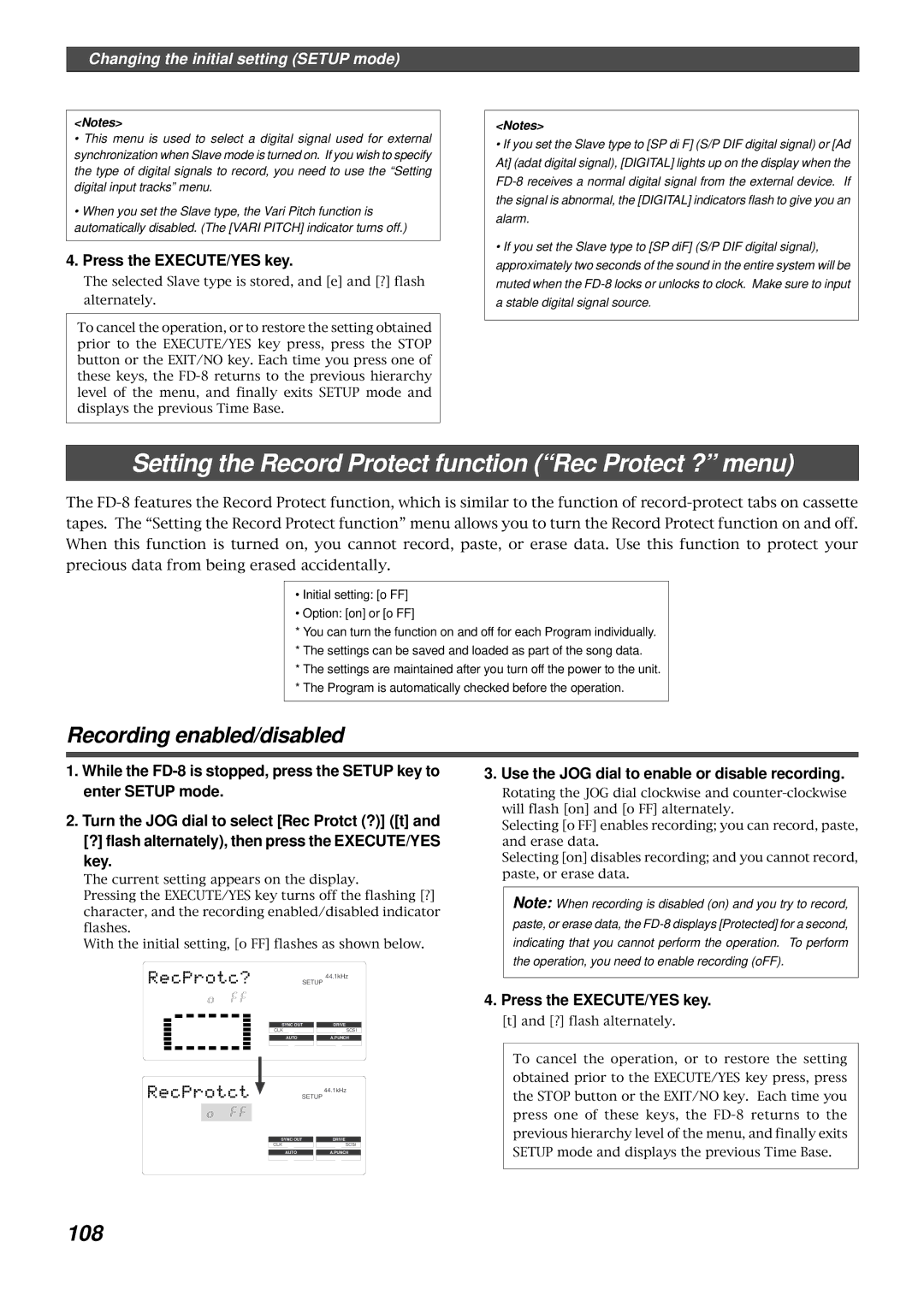 Fostex FD-8 owner manual Setting the Record Protect function Rec Protect ? menu, Recording enabled/disabled, 108 