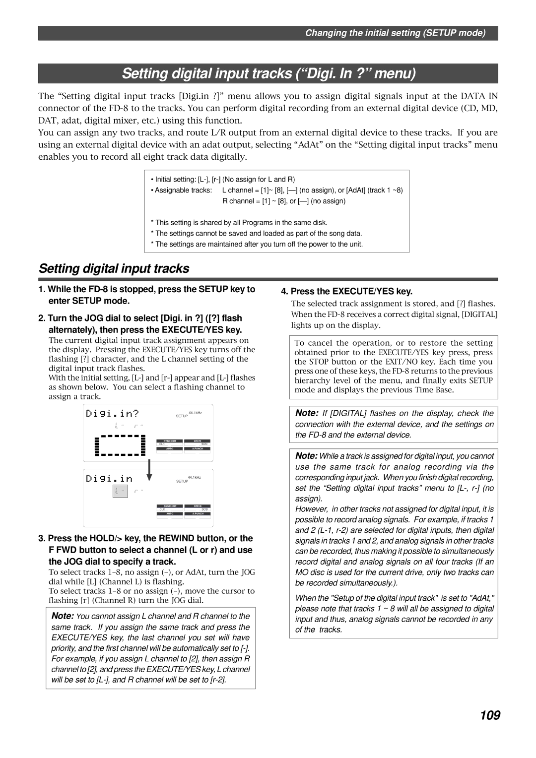 Fostex FD-8 owner manual Setting digital input tracks Digi. In ? menu, 109, JOG dial to specify a track 